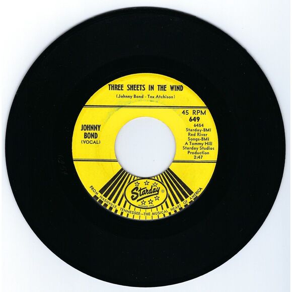 Johnny Bond 45 RPM - Three Sheets In The Wind / Let The Tears Begin - VG+ '63 - Picture 1 of 2